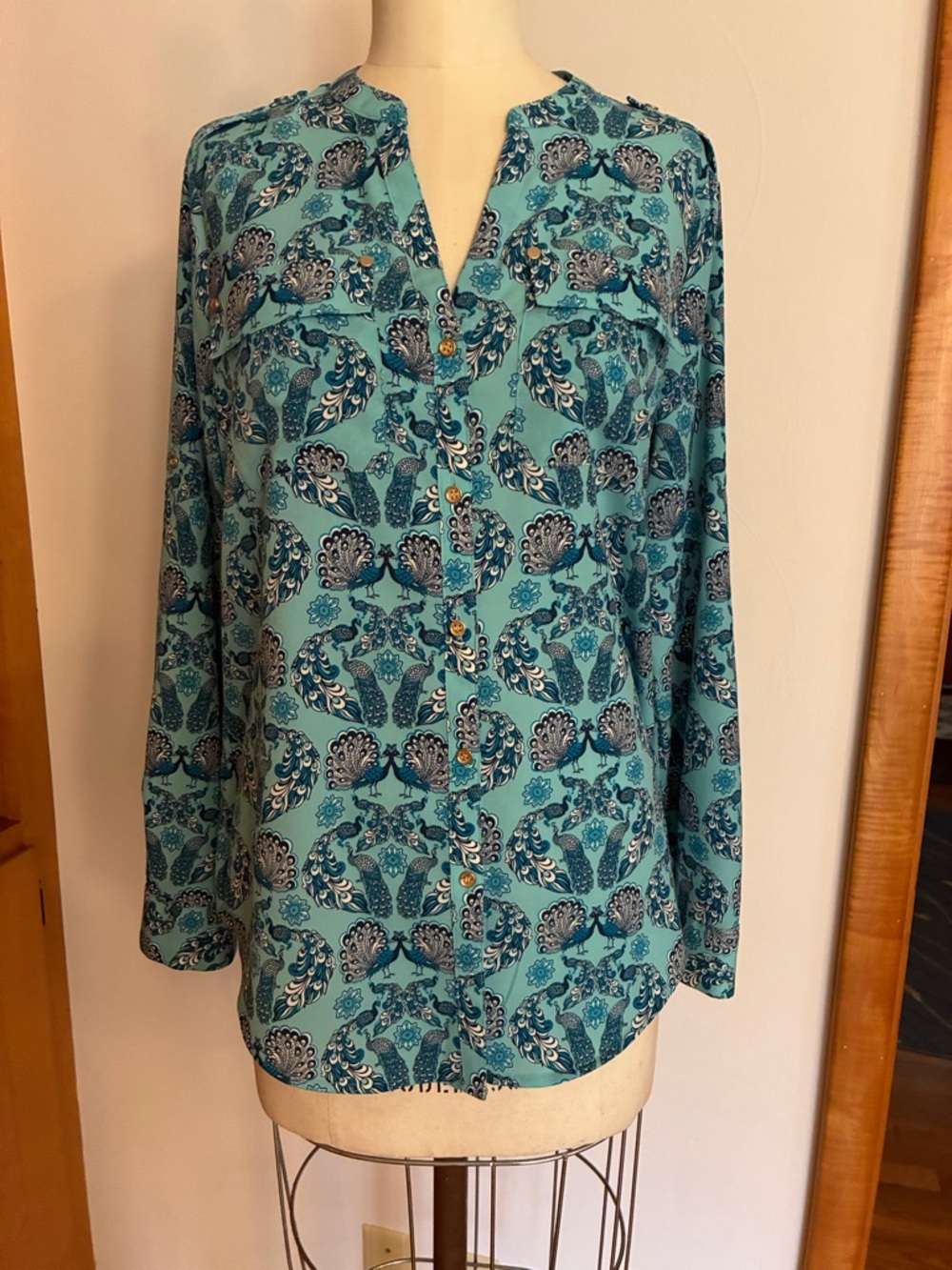 Charter Club Teal Blue Printed Button-Front Blouse Floral Peacock Flap Pockets
